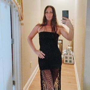 Black Strapless Dress with Fringe Detail